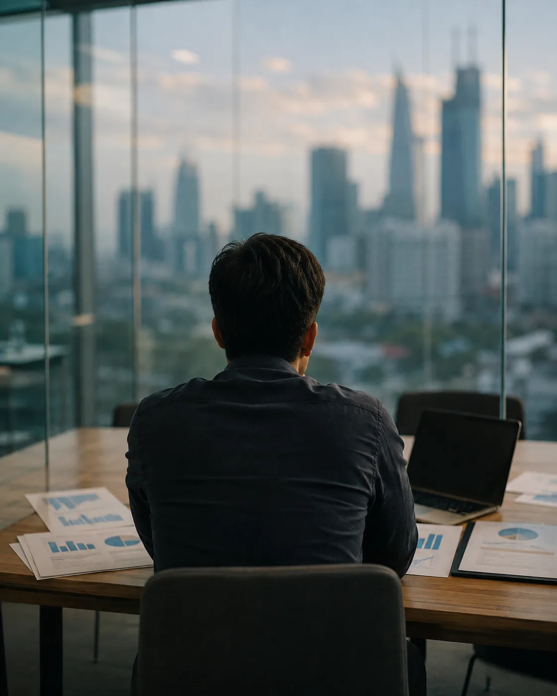 Glaskonferenzraum mit Blick auf die Skyline, keine Personen sichtbar