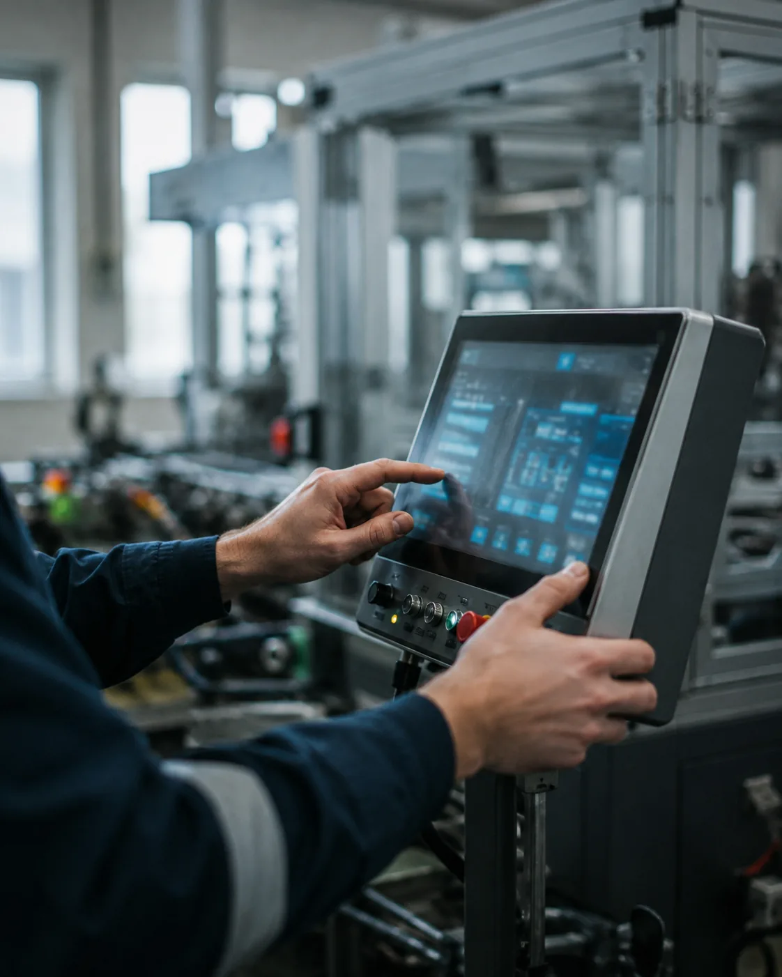 Hände an einem industriellen Bedienfeld