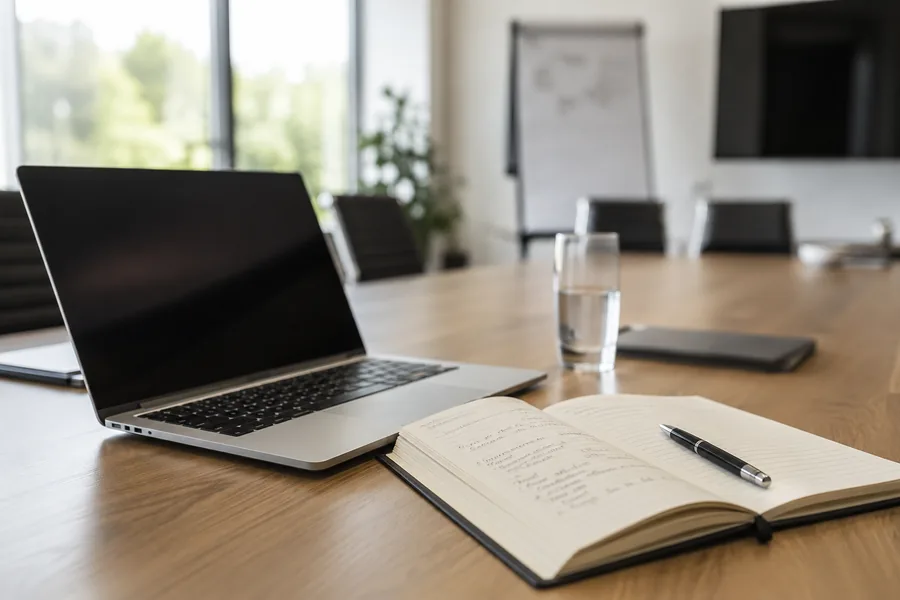 Laptop und Notizbuch auf einem Konferenztisch während einer Strategiesitzung
