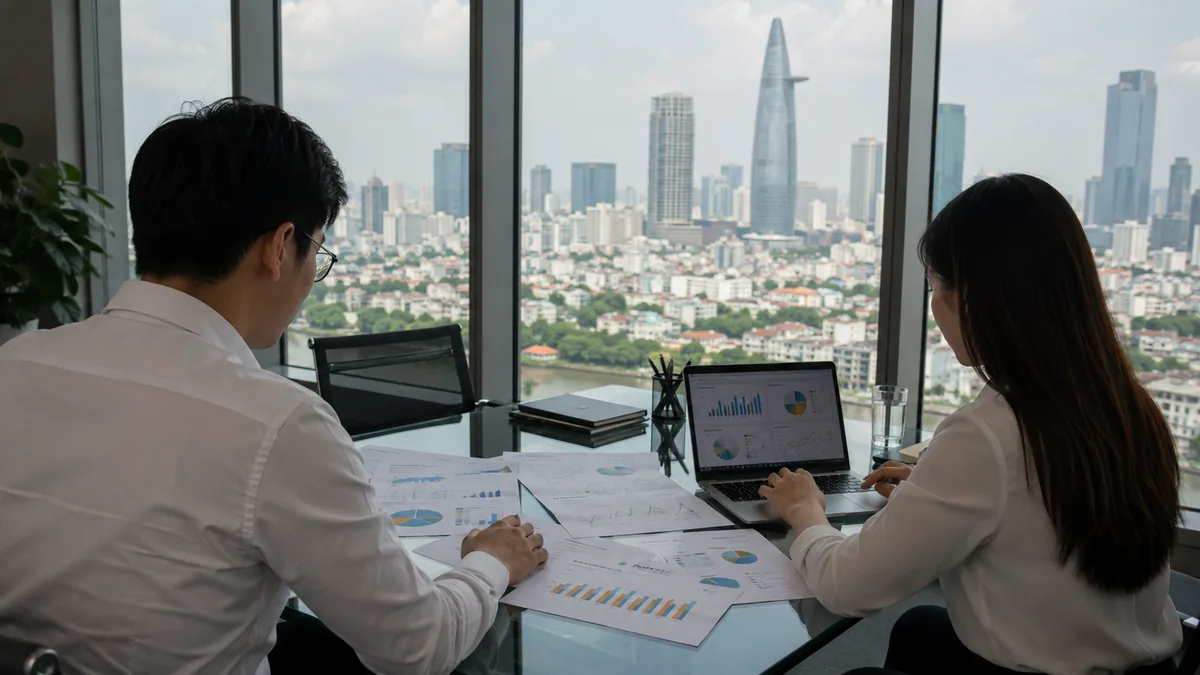 Berater besprechen Grafiken in einem Konferenzraum mit Blick auf Ho-Chi-Minh-Stadt