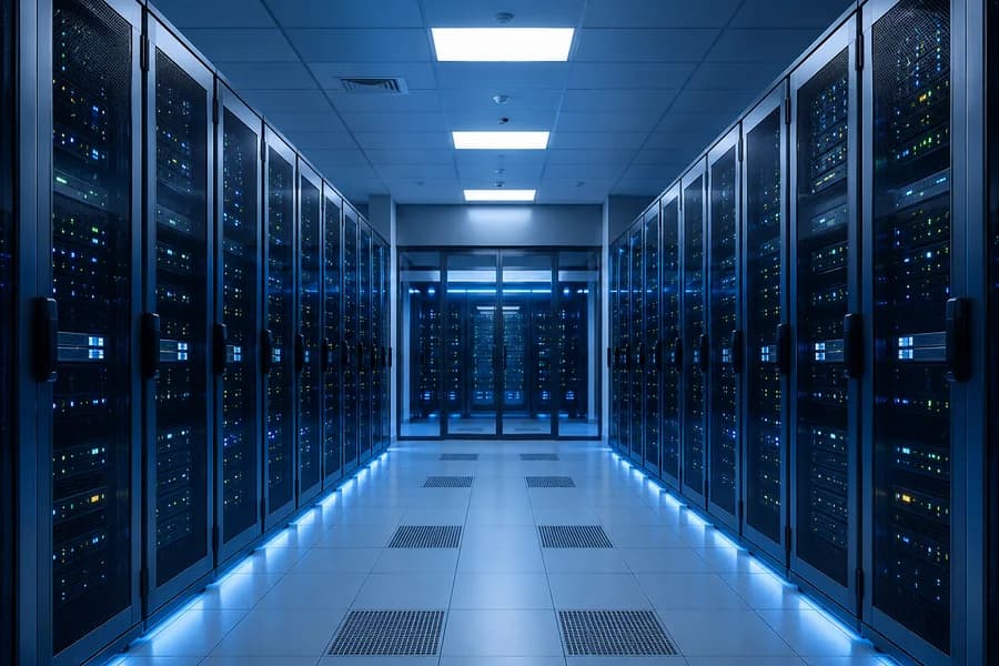 Serverschränke in einem Rechenraum mit Statusanzeigen