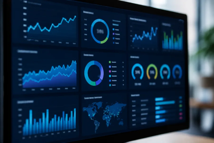 Nahaufnahme eines Dashboard-Bildschirms mit Produktionskennzahlen