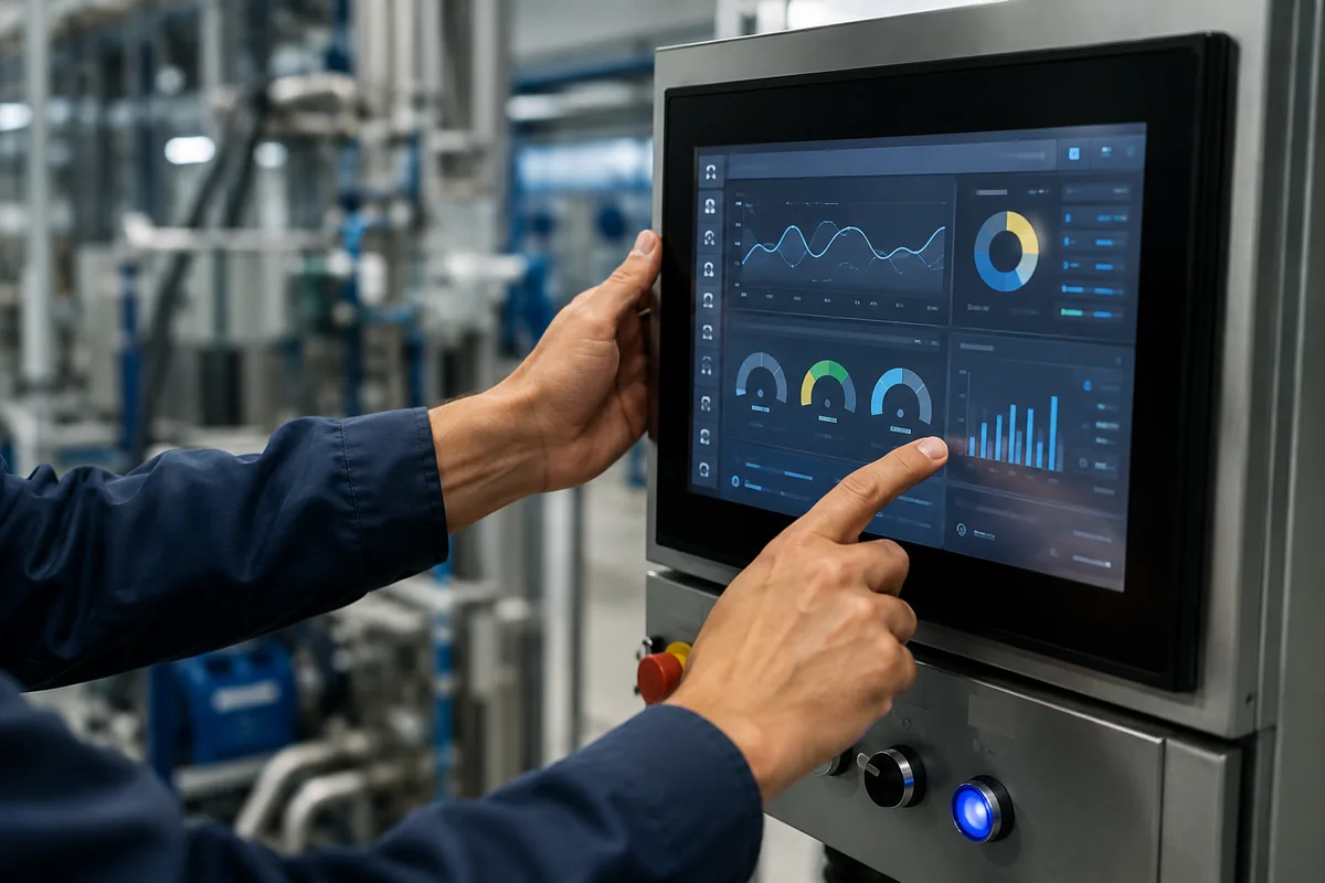 Techniker arbeitet an einem industriellen Bedienfeld mit Live-Dashboards