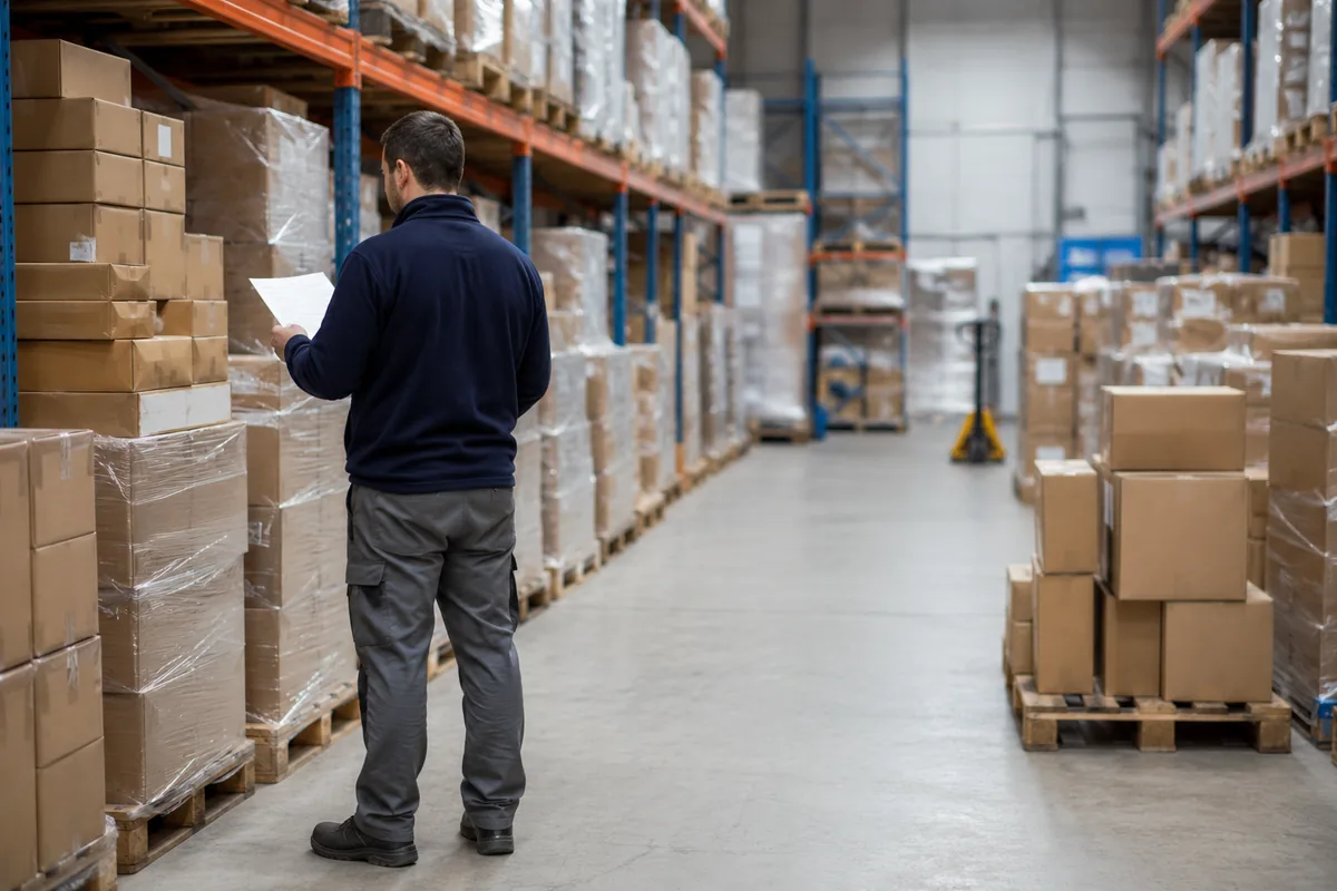 Paketlenmiş ürünleri sipariş listesiyle karşılaştıran bir depo çalışanı