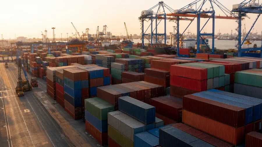 Gestapelte Schiffscontainer in einem vietnamesischen Frachthafen