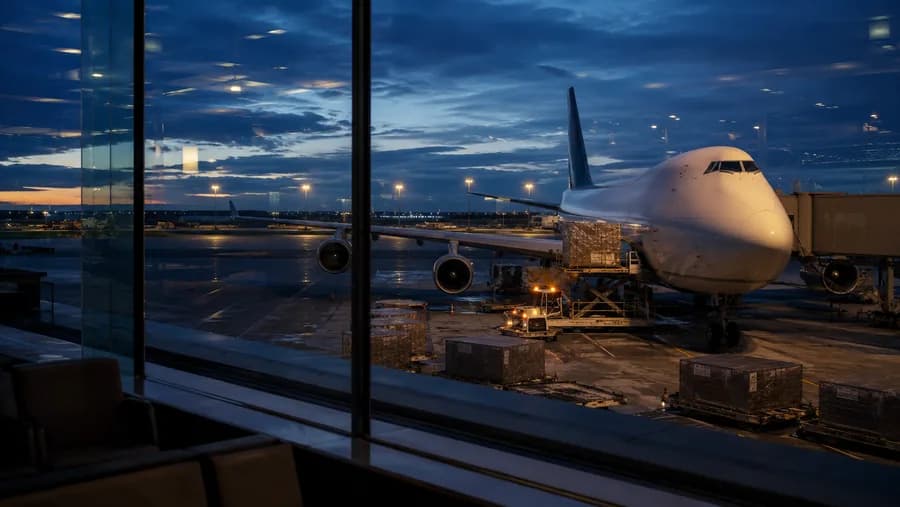 Frachtflugzeug auf dem Rollfeld in der Abenddämmerung, durch ein Flughafenfenster gesehen