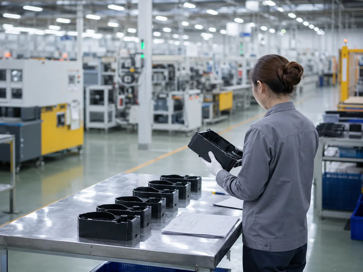 Prüfer kontrolliert die Produktqualität an einer Fertigungslinie in einer vietnamesischen Fabrik