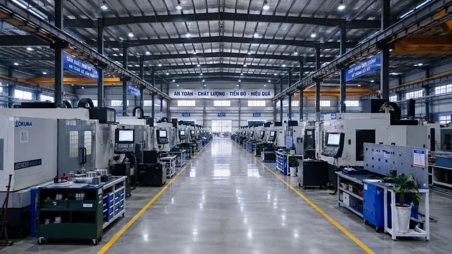 Reihen von Industriemaschinen in einer vietnamesischen Fertigungshalle