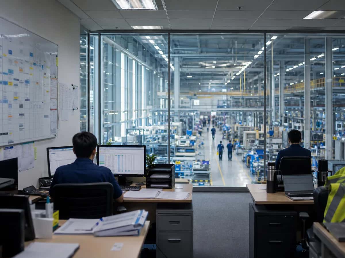 Oficina de operaciones con vista, a través de un muro de cristal, a una planta de producción vietnamita en funcionamiento